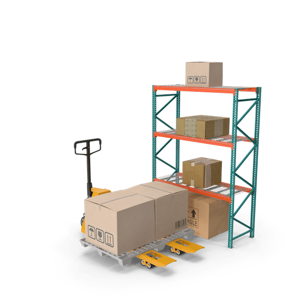 Pallet Jack and Rack with Cardboard Boxes.H03.2k